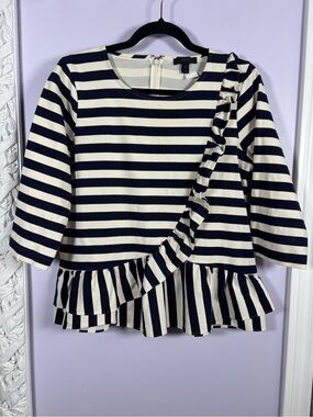 J. Crew Striped Ruffle Fairycore Peplum Top in Navy and Cream M